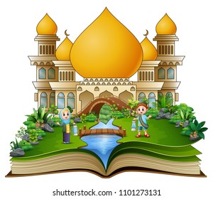 Open book with happy muslim boy and girl cartoon holding lantern in front of a mosque