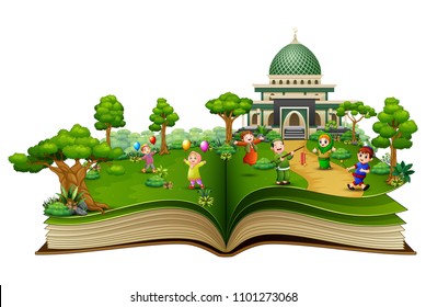 Open book with Happy Muslim Family in front of a mosque