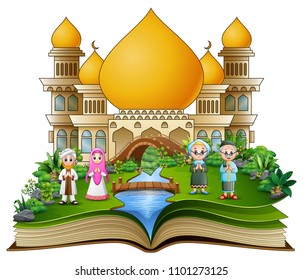 Open book with Happy Muslim Family Greeting in front of a mosque