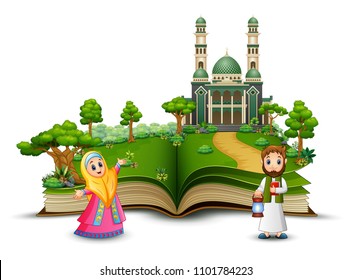 Open book with Happy Muslim Family in front of a mosque