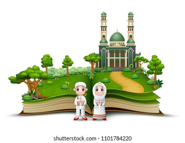 Open book with Happy Muslim Kids cartoon in front of a mosque