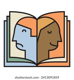 open book with happy and sad portraits, simple icon template