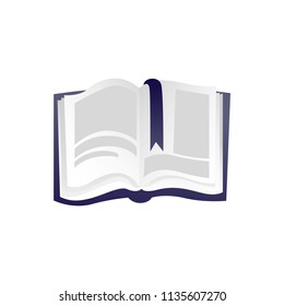 Open book with hardcover and paper pages with text and bookmark isolated on white background - literary object for education or reading leisure concept in vector illustration.