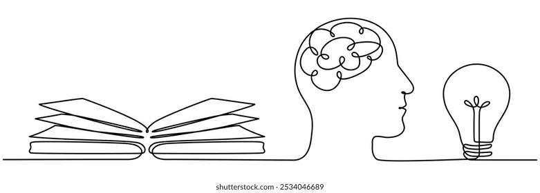 Libro abierto, cabeza con cerebro y bombilla de dibujo de línea continua. Concepto de proceso de idea creativa. Ilustración vectorial aislada en blanco.