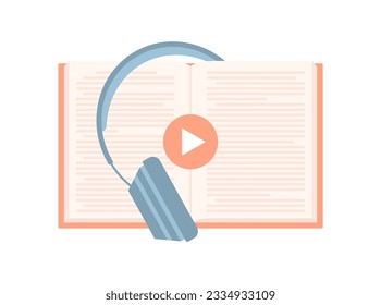Open book with headphones and play button isolated on white background. Flat vector illustration