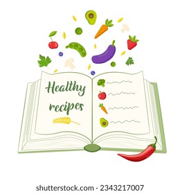 Open book of healthy food recipes, vegetarian food, vegetables, fruits, cereals. Flat vector illustration