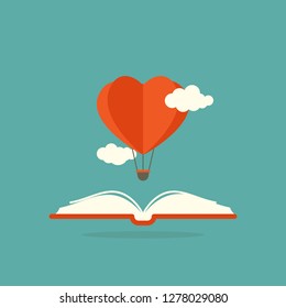 Open book with heart air balloon and clouds isolated on blue background. Vector flat illustration. Imagination and inspiration picture. Fantasy, love, romantic reading. St. Valentine gift