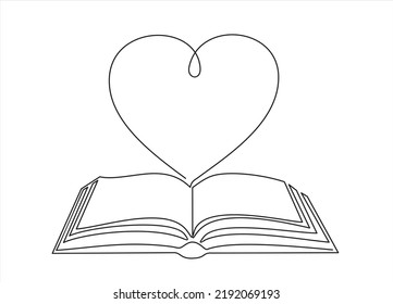 Open book and heart, continuous line vector illustration. one line vector drawing of a book and a heart, concept of love of reading. Black and white hand drawn image.