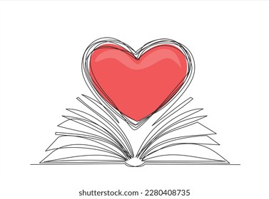 Open book and heart, continuous line vector illustration. one line vector drawing of a book and a heart, concept of love of reading. Black and white hand drawn image.