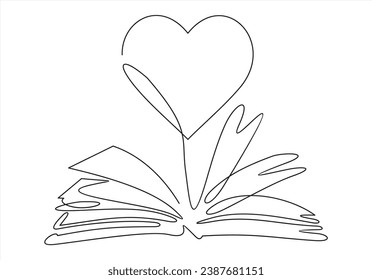 Open book and heart, continuous line vector illustration. one line vector drawing of a book and a heart, concept of love of reading. Black and white hand drawn image.