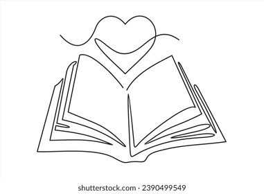 Open book and heart, continuous line vector illustration. one line vector drawing of a book and a heart, concept of love of reading. Black and white hand drawn image.