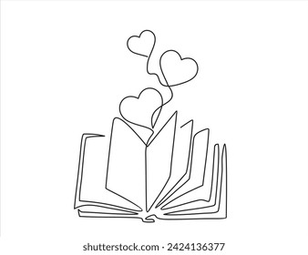 Open book and heart, continuous line vector illustration. one line vector drawing of a book and a heart, concept of love of reading. Black and white hand drawn image.