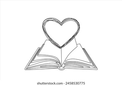Open book and heart, continuous line vector illustration. one line vector drawing of a book and a heart, concept of love of reading. Black and white hand drawn image.