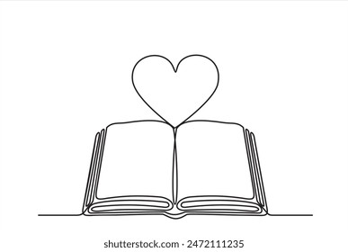 Open book and heart, continuous line vector illustration. one line vector drawing of a book and a heart, concept of love of reading. Black and white hand drawn image.