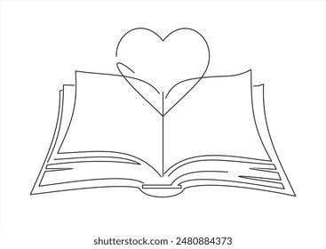 Libro abierto y corazón, Ilustración vectorial de línea continua. dibujo de un Vector de línea de un libro y un corazón, concepto de amor por la lectura. Imagen dibujada a mano en blanco y negro.