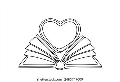 Open book and heart, continuous line vector illustration. one line vector drawing of a book and a heart, concept of love of reading. Black and white hand drawn image.