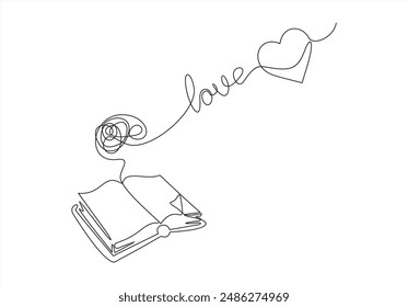 Open book and heart, continuous line vector illustration. one line vector drawing of a book and a heart, concept of love of reading. Black and white hand drawn image.