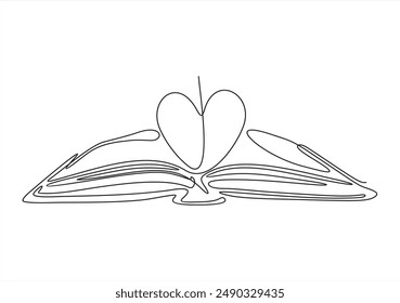 Open book and heart, continuous line vector illustration. one line vector drawing of a book and a heart, concept of love of reading. Black and white hand drawn image.