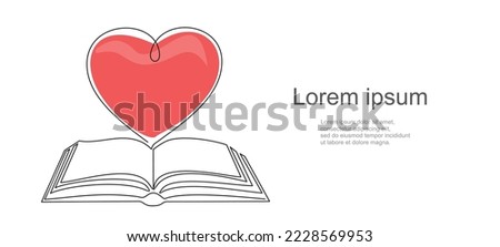 Open book and heart, continuous line vector illustration. one line vector drawing of a book and a heart, concept of love of reading. Black and white hand drawn image.