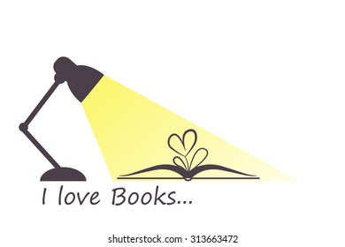 Open book, heart flower and turned on lamp in flat style. I love books and reading concept. Vector illustration in eps8 format.