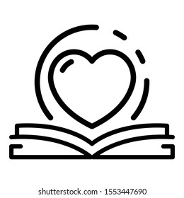 Open book and heart icon. Outline open book and heart vector icon for web design isolated on white background