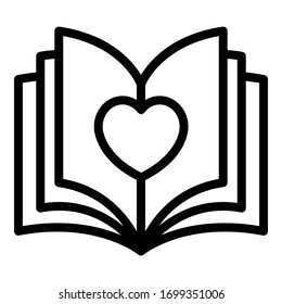 Open book and heart icon. Outline open book and heart vector icon for web design isolated on white background