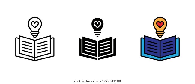 Open book with heart light bulb idea icon set. Creative storytelling inspiration, passion for reading, and educational wisdom discovery symbol.