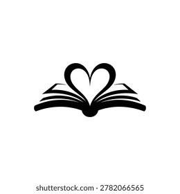 Open book with heart shape black silhouette on white background