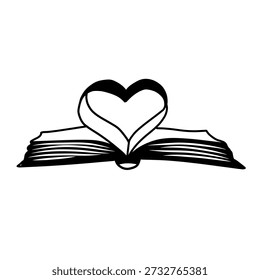 An open book with a heart shape formed by its pages.