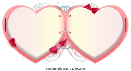 Open book heart shape romantic valentine card. Isolated on white vector illustration
