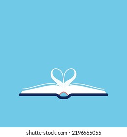 Open book with heart shaped center pages. Concept of book lover, knowledge, literature passion, love for reading. Blue background. Vector illustration, flat design