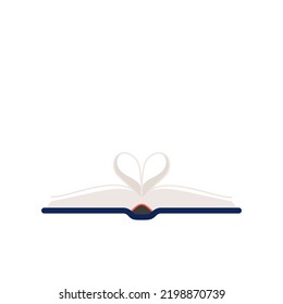 Open book with heart shaped center pages. Concept of book lover, knowledge, literature passion, love for reading. Vector illustration, flat design