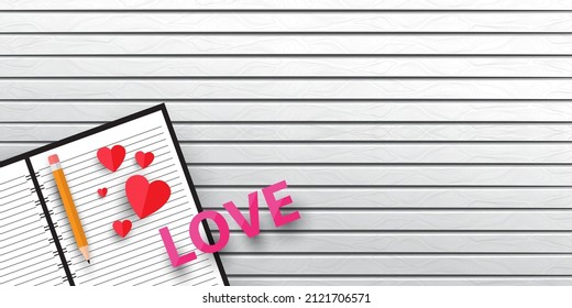 Open book with heart shaped pages with pencil, heart on white wood. Love for reading.Vector illustration.