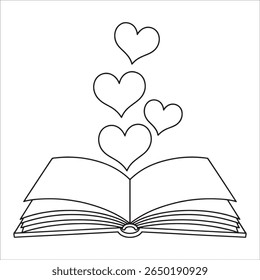 Livro aberto com ilustração de corações, Romance e conceito de aprendizagem, preto e branco design minimalista, promoção da paixão pela leitura