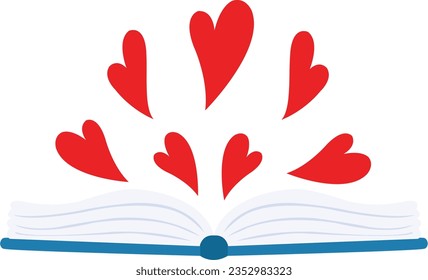 Open book with hearts. Love of reading. World book day