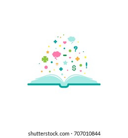 Open book with hearts, stars, dots, signs flying out.  Flat icon isolated on white background. Reading vector illustration. Idea logo. Inspiration pictogram. Power of knowledge sign.