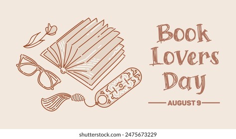 Open book with heart-shaped pages, glasses and a flower. Bookmark with ethnic pattern and silk tassel. Concept for lovers of reading. Doodle style. For postcards, posters, web design, library.