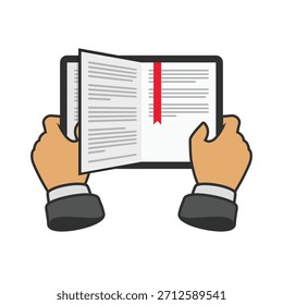 Um livro aberto segurado em ambas as mãos, convidando o leitor para uma história ou conhecimento, simbolizando a leitura, aprendizagem e imaginação.
