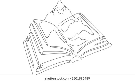 An open book. A high mountain grows out of a book. A landscape comes to life on the pages of a book.One continuous line. Line art. Minimum one line. White background. One line drawing.