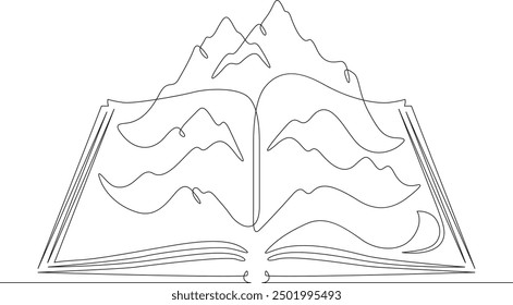 An open book. A high mountain grows out of a book. A landscape comes to life on the pages of a book.One continuous line. Line art. Minimum one line. White background. One line drawing.