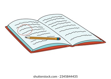 open book with highlighted text and pencil