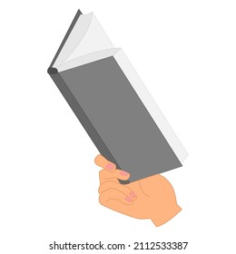 An open book in his hand. A half-open book in one hand, a gray mockup, side view. Reading a book, library, bookstore, training, education. Vector icon, flat, isolated