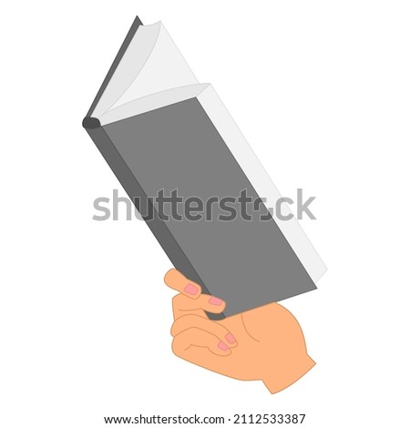 An open book in his hand. A half-open book in one hand, a gray mockup, side view. Reading a book, library, bookstore, training, education. Vector icon, flat, isolated
