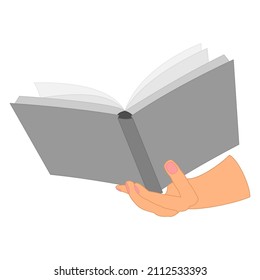 Un libro abierto en su mano. Una mano sostiene un libro con páginas de papel para la lectura, vista inferior. Leyendo un libro, biblioteca, librería, entrenamiento, educación. Icono del vector, plano, aislado