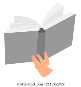 An open book in his hand. A book with paper pages in one hand. Grey mockup. Reading a book, library, bookstore, training, education. Vector icon, flat, isolated