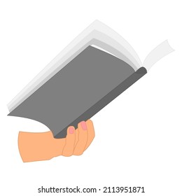 Un libro abierto en su mano. Softcover, vista lateral, burla gris. Leyendo un libro, biblioteca, librería, entrenamiento, educación. Icono del vector, plano, aislado