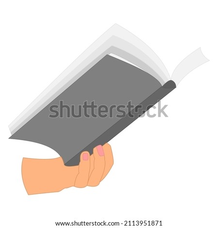 An open book in his hand. Softcover, side view, grey mockup. Reading a book, library, bookstore, training, education. Vector icon, flat, isolated