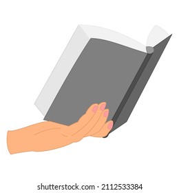 An open book in his hand. A thick book with paper pages in one hand. Reading a book, library, bookstore, training, education. Vector icon, flat, isolated