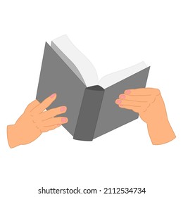 Un libro abierto en su mano. Un libro grueso en ambas manos. Cubierta dura. Leyendo un libro, biblioteca, librería, entrenamiento, educación. Icono del vector, plano, aislado