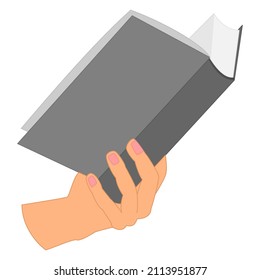 Un libro abierto en su mano. Un libro grueso con páginas de papel en una mano, vista lateral. Leyendo un libro, biblioteca, librería, entrenamiento, educación. Icono del vector, plano, aislado